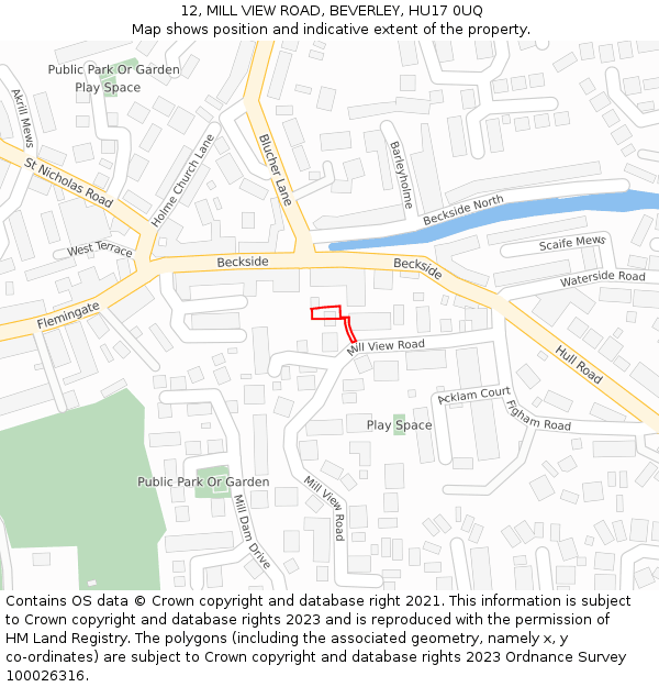 12, MILL VIEW ROAD, BEVERLEY, HU17 0UQ: Location map and indicative extent of plot