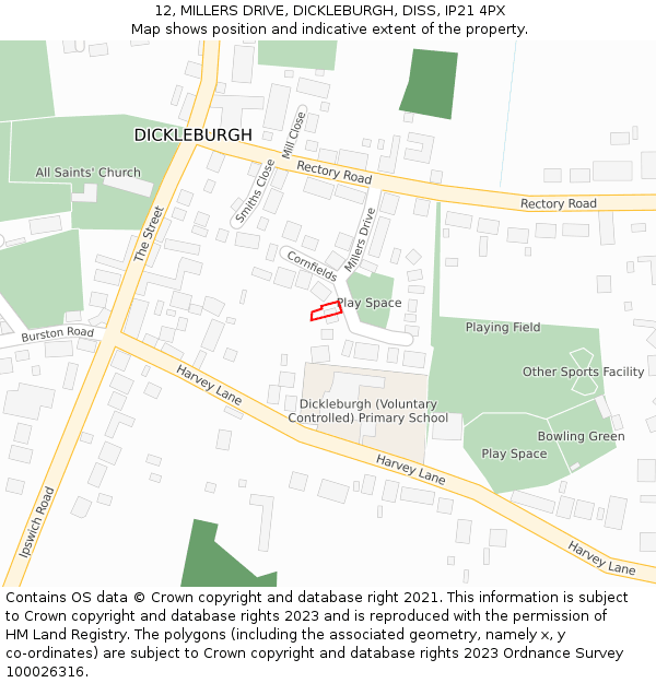 12, MILLERS DRIVE, DICKLEBURGH, DISS, IP21 4PX: Location map and indicative extent of plot