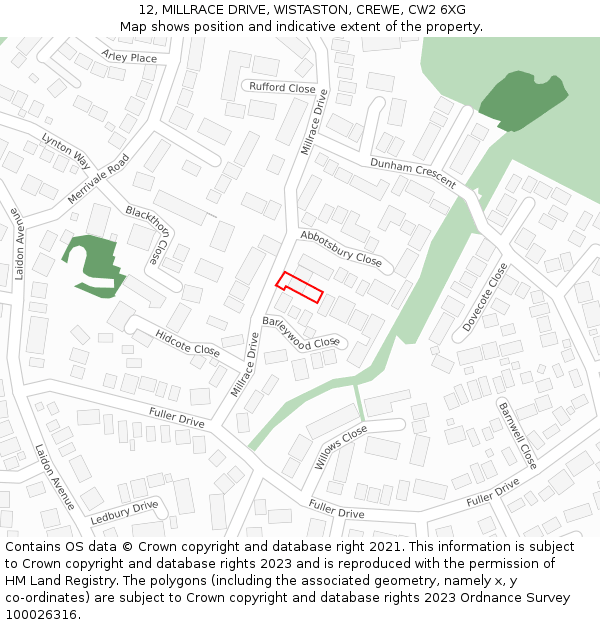 12, MILLRACE DRIVE, WISTASTON, CREWE, CW2 6XG: Location map and indicative extent of plot