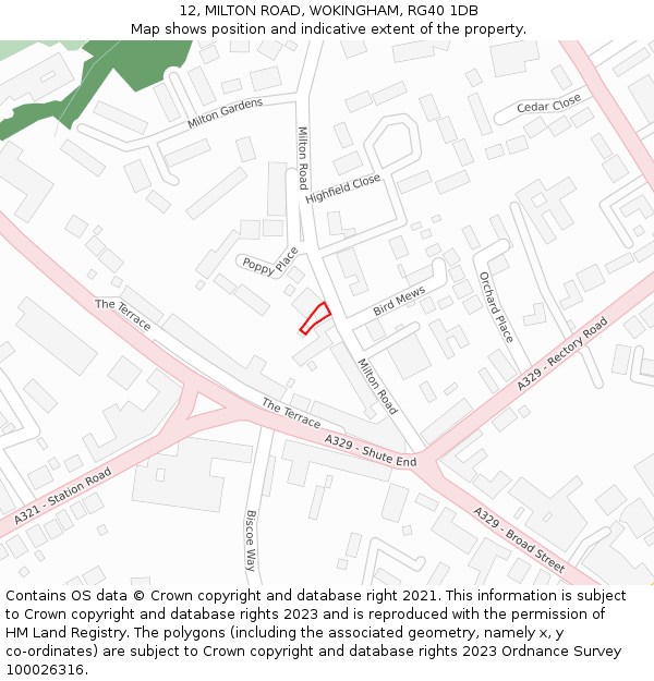 12, MILTON ROAD, WOKINGHAM, RG40 1DB: Location map and indicative extent of plot