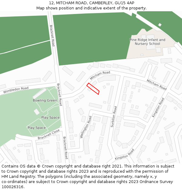 12, MITCHAM ROAD, CAMBERLEY, GU15 4AP: Location map and indicative extent of plot