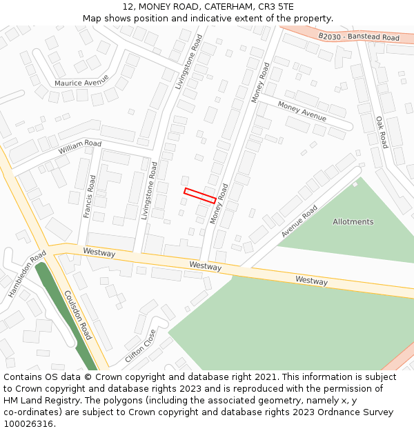 12, MONEY ROAD, CATERHAM, CR3 5TE: Location map and indicative extent of plot