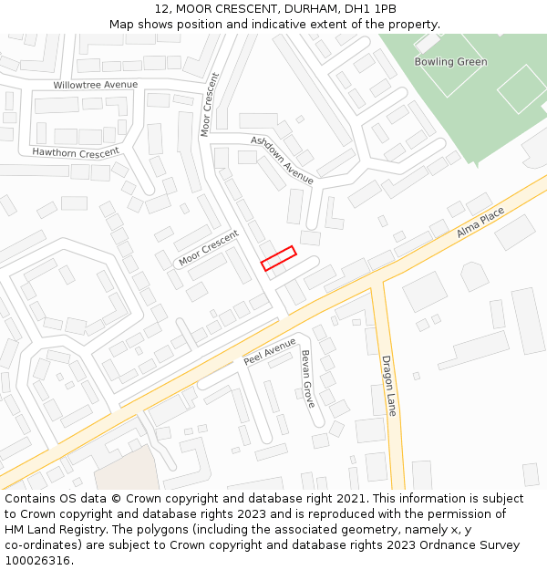 12, MOOR CRESCENT, DURHAM, DH1 1PB: Location map and indicative extent of plot