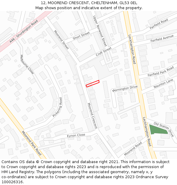 12, MOOREND CRESCENT, CHELTENHAM, GL53 0EL: Location map and indicative extent of plot