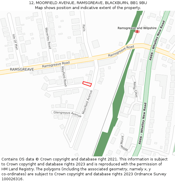 12, MOORFIELD AVENUE, RAMSGREAVE, BLACKBURN, BB1 9BU: Location map and indicative extent of plot