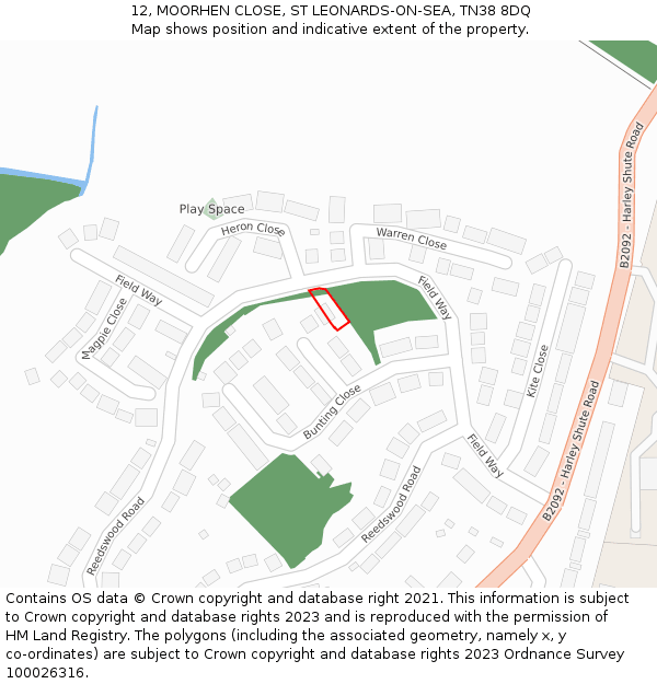 12, MOORHEN CLOSE, ST LEONARDS-ON-SEA, TN38 8DQ: Location map and indicative extent of plot