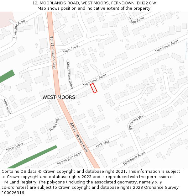 12, MOORLANDS ROAD, WEST MOORS, FERNDOWN, BH22 0JW: Location map and indicative extent of plot