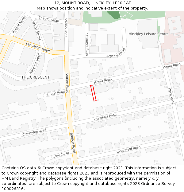 12, MOUNT ROAD, HINCKLEY, LE10 1AF: Location map and indicative extent of plot