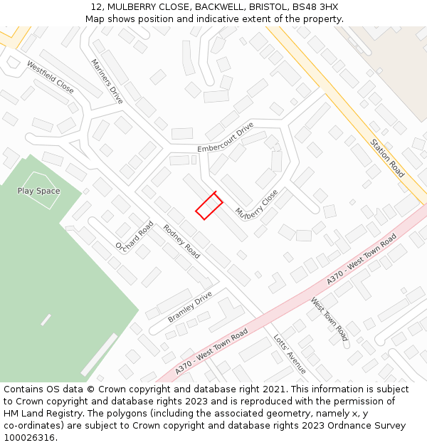 12, MULBERRY CLOSE, BACKWELL, BRISTOL, BS48 3HX: Location map and indicative extent of plot