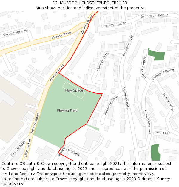 12, MURDOCH CLOSE, TRURO, TR1 1RR: Location map and indicative extent of plot