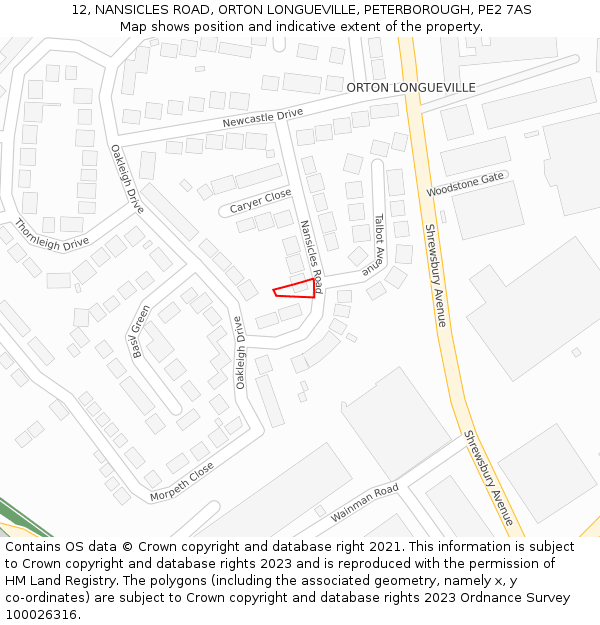 12, NANSICLES ROAD, ORTON LONGUEVILLE, PETERBOROUGH, PE2 7AS: Location map and indicative extent of plot