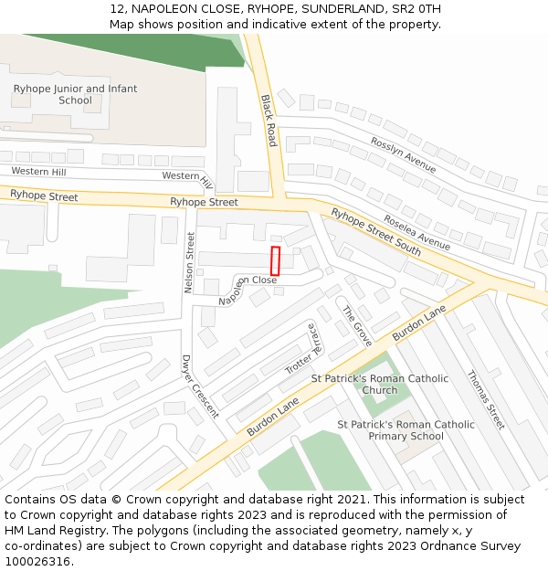 12, NAPOLEON CLOSE, RYHOPE, SUNDERLAND, SR2 0TH: Location map and indicative extent of plot