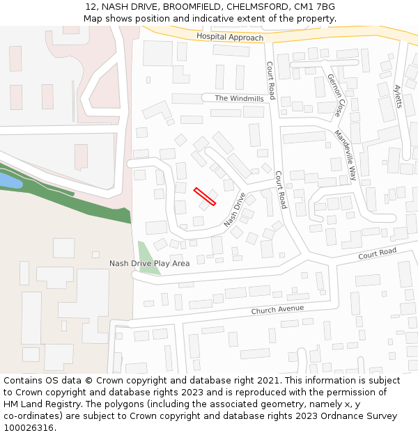 12, NASH DRIVE, BROOMFIELD, CHELMSFORD, CM1 7BG: Location map and indicative extent of plot