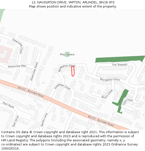 12, NAVIGATION DRIVE, YAPTON, ARUNDEL, BN18 0FS: Location map and indicative extent of plot