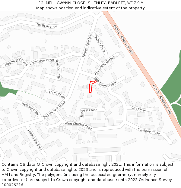 12, NELL GWYNN CLOSE, SHENLEY, RADLETT, WD7 9JA: Location map and indicative extent of plot