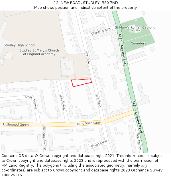 12, NEW ROAD, STUDLEY, B80 7ND: Location map and indicative extent of plot