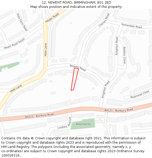 12, NEWENT ROAD, BIRMINGHAM, B31 2ED: Location map and indicative extent of plot