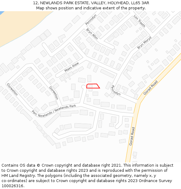 12, NEWLANDS PARK ESTATE, VALLEY, HOLYHEAD, LL65 3AR: Location map and indicative extent of plot