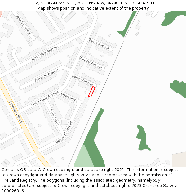 12, NORLAN AVENUE, AUDENSHAW, MANCHESTER, M34 5LH: Location map and indicative extent of plot