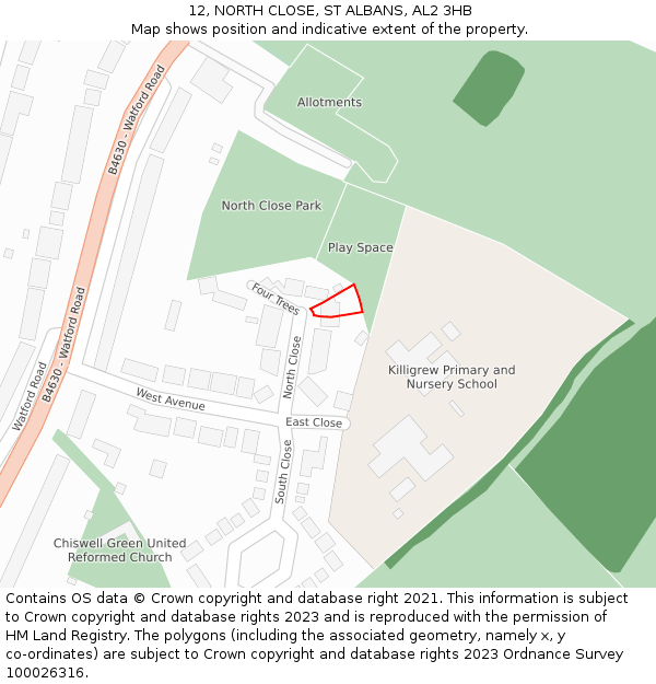 12, NORTH CLOSE, ST ALBANS, AL2 3HB: Location map and indicative extent of plot