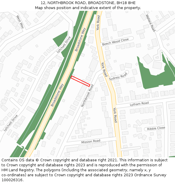 12, NORTHBROOK ROAD, BROADSTONE, BH18 8HE: Location map and indicative extent of plot