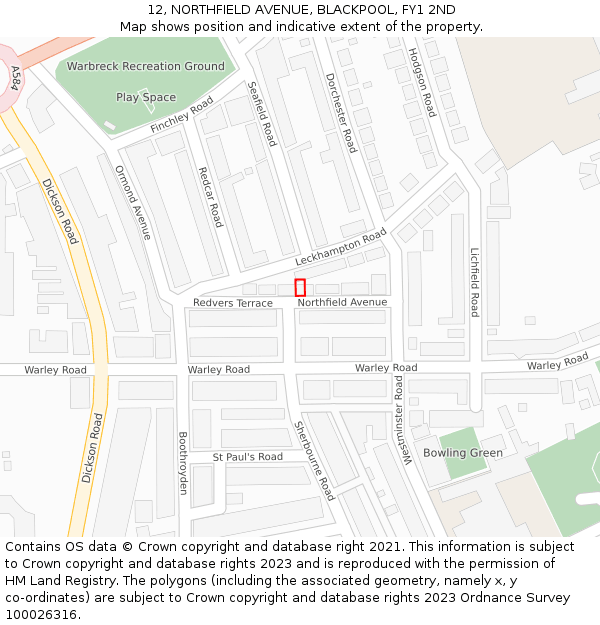 12, NORTHFIELD AVENUE, BLACKPOOL, FY1 2ND: Location map and indicative extent of plot