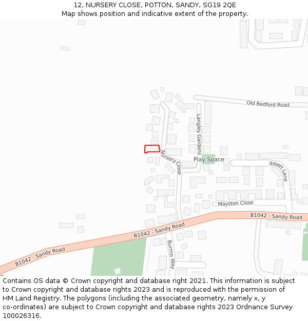 12, NURSERY CLOSE, POTTON, SANDY, SG19 2QE: Location map and indicative extent of plot