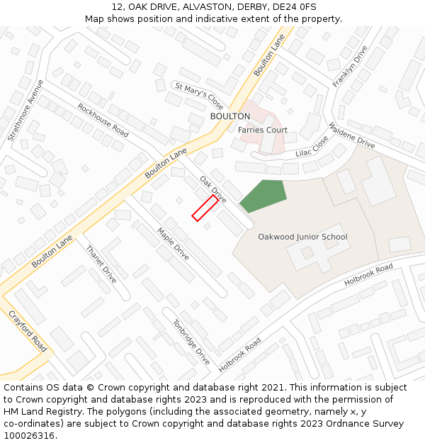 12, OAK DRIVE, ALVASTON, DERBY, DE24 0FS: Location map and indicative extent of plot