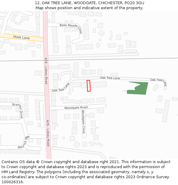 12, OAK TREE LANE, WOODGATE, CHICHESTER, PO20 3GU: Location map and indicative extent of plot