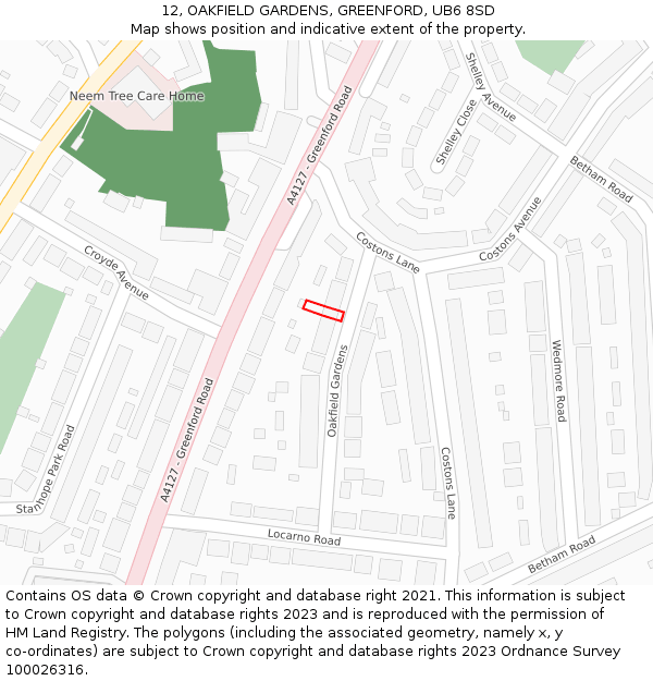 12, OAKFIELD GARDENS, GREENFORD, UB6 8SD: Location map and indicative extent of plot
