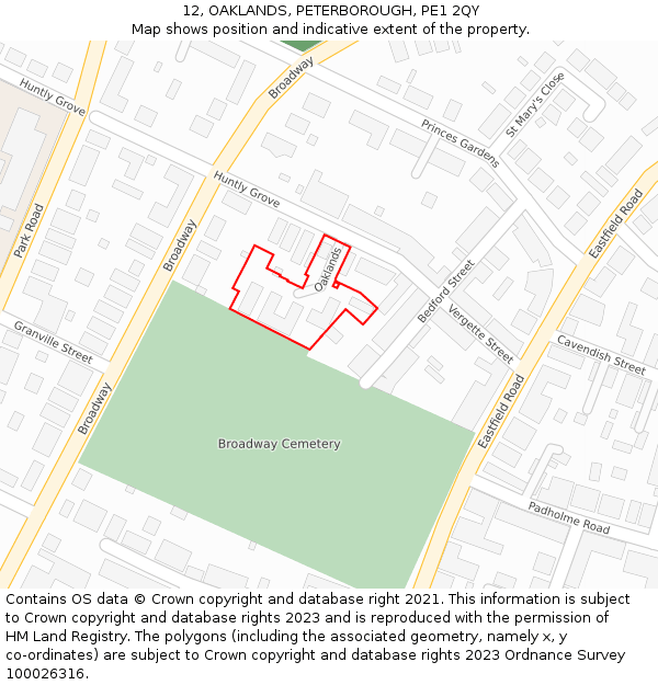 12, OAKLANDS, PETERBOROUGH, PE1 2QY: Location map and indicative extent of plot