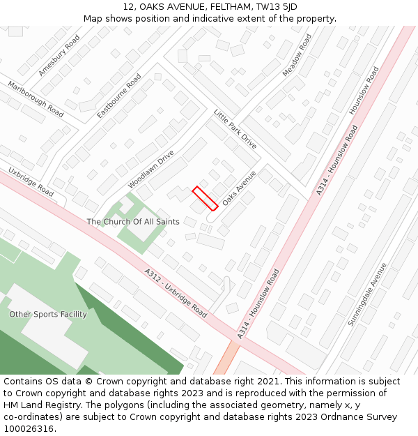 12, OAKS AVENUE, FELTHAM, TW13 5JD: Location map and indicative extent of plot