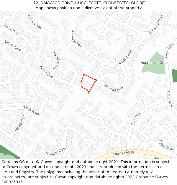 12, OAKWOOD DRIVE, HUCCLECOTE, GLOUCESTER, GL3 3JF: Location map and indicative extent of plot