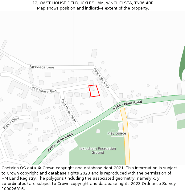 12, OAST HOUSE FIELD, ICKLESHAM, WINCHELSEA, TN36 4BP: Location map and indicative extent of plot