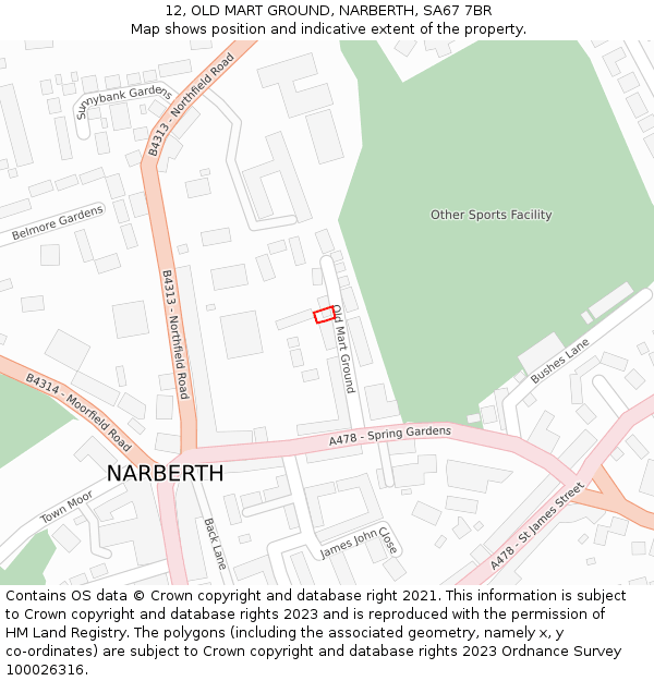12, OLD MART GROUND, NARBERTH, SA67 7BR: Location map and indicative extent of plot