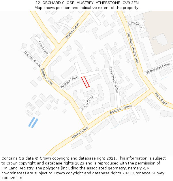 12, ORCHARD CLOSE, AUSTREY, ATHERSTONE, CV9 3EN: Location map and indicative extent of plot