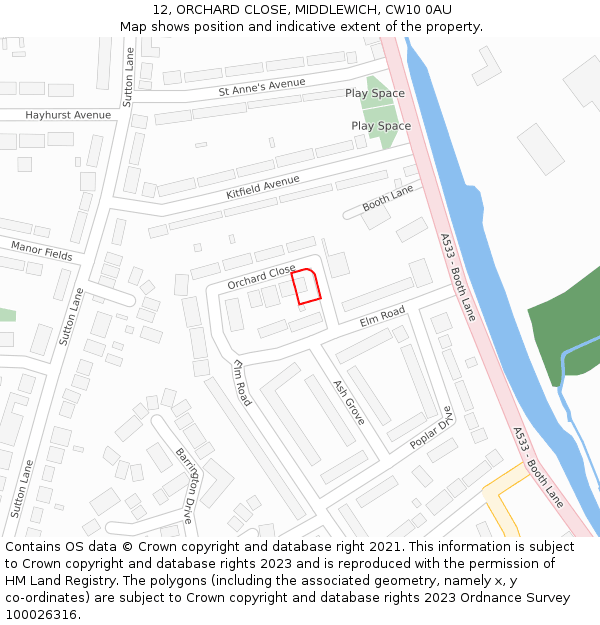 12, ORCHARD CLOSE, MIDDLEWICH, CW10 0AU: Location map and indicative extent of plot