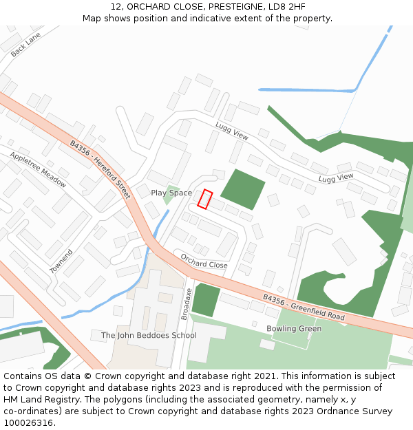 12, ORCHARD CLOSE, PRESTEIGNE, LD8 2HF: Location map and indicative extent of plot