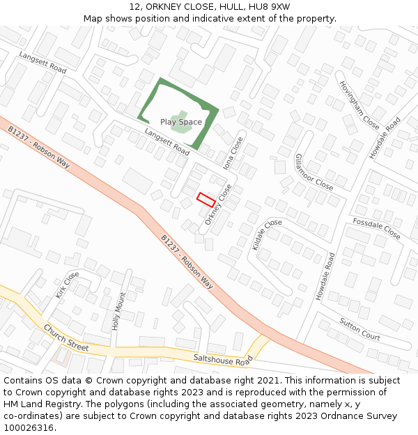 12, ORKNEY CLOSE, HULL, HU8 9XW: Location map and indicative extent of plot