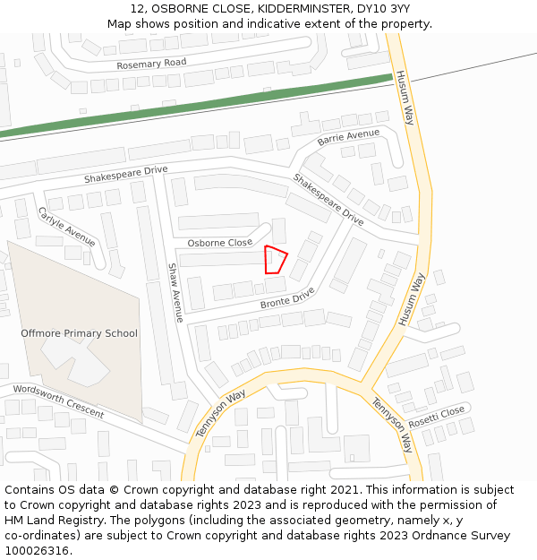 12, OSBORNE CLOSE, KIDDERMINSTER, DY10 3YY: Location map and indicative extent of plot