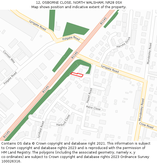 12, OSBORNE CLOSE, NORTH WALSHAM, NR28 0SX: Location map and indicative extent of plot