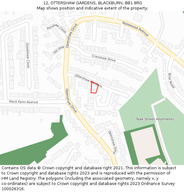 12, OTTERSHAW GARDENS, BLACKBURN, BB1 8RG: Location map and indicative extent of plot