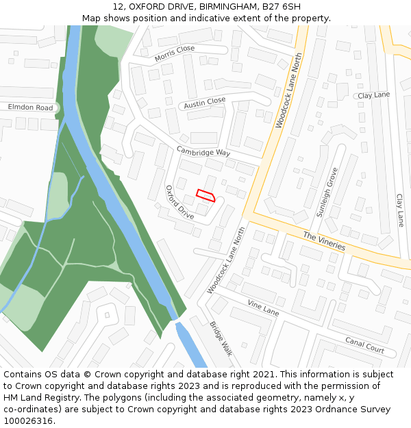 12, OXFORD DRIVE, BIRMINGHAM, B27 6SH: Location map and indicative extent of plot