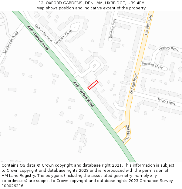 12, OXFORD GARDENS, DENHAM, UXBRIDGE, UB9 4EA: Location map and indicative extent of plot