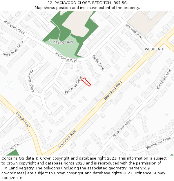 12, PACKWOOD CLOSE, REDDITCH, B97 5SJ: Location map and indicative extent of plot