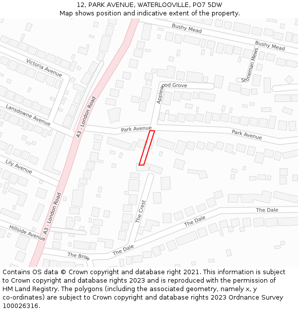 12, PARK AVENUE, WATERLOOVILLE, PO7 5DW: Location map and indicative extent of plot