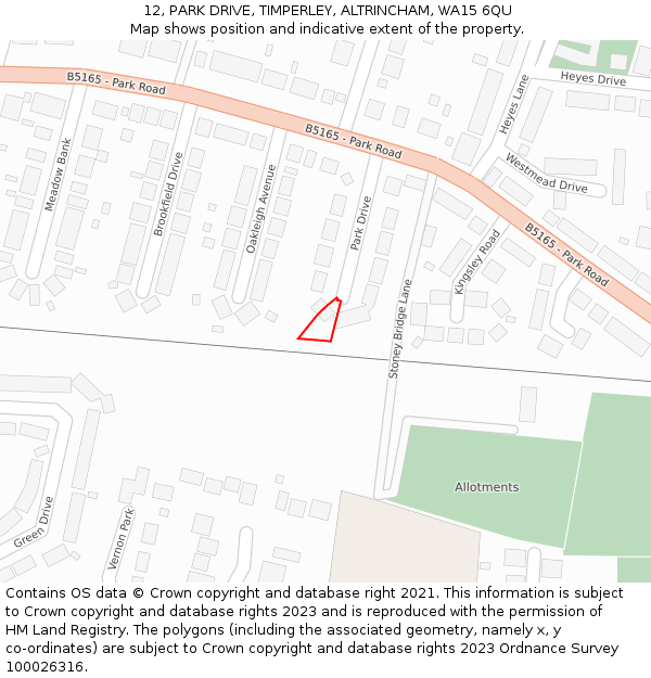 12, PARK DRIVE, TIMPERLEY, ALTRINCHAM, WA15 6QU: Location map and indicative extent of plot