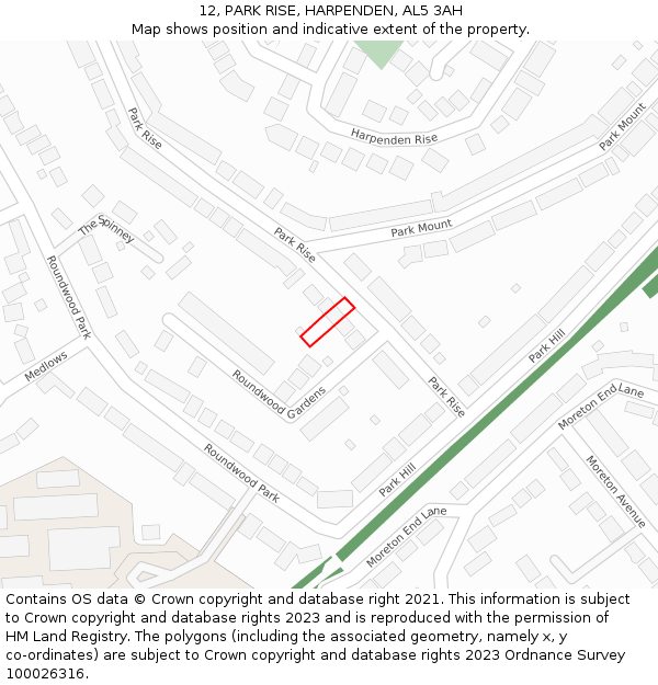 12, PARK RISE, HARPENDEN, AL5 3AH: Location map and indicative extent of plot