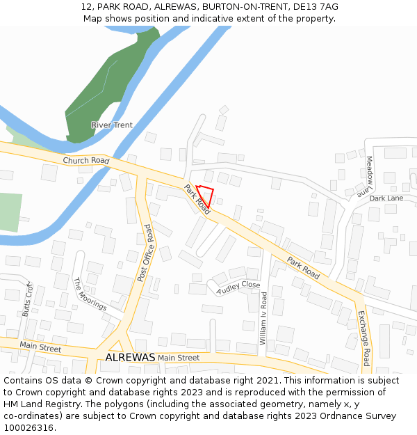 12, PARK ROAD, ALREWAS, BURTON-ON-TRENT, DE13 7AG: Location map and indicative extent of plot