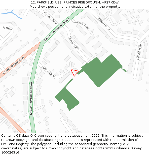 12, PARKFIELD RISE, PRINCES RISBOROUGH, HP27 0DW: Location map and indicative extent of plot